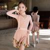 Latin dance clothing women latin american dance dress pink long sleeve girl stage costume velvet line dance clothing dance wear