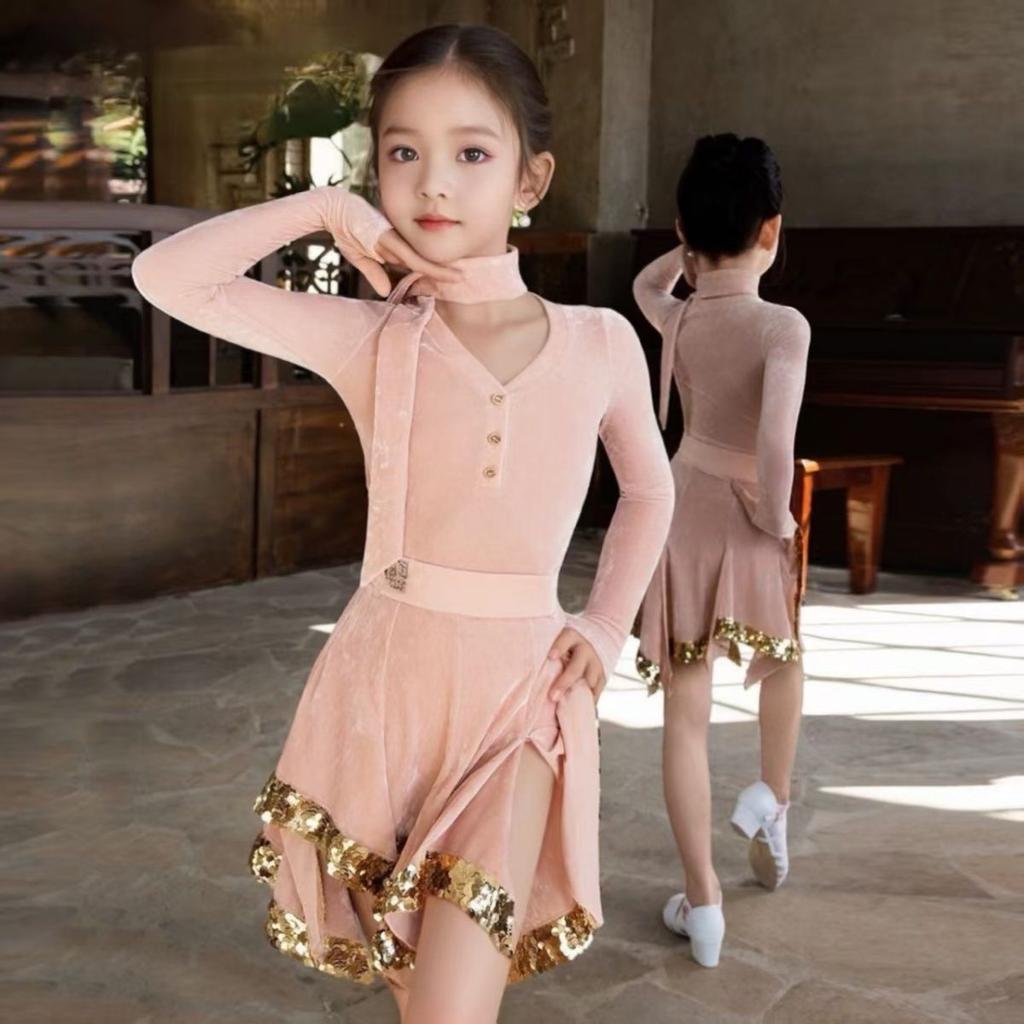 Latin dance clothing women latin american dance dress pink long sleeve girl stage costume velvet line dance clothing dance wear