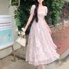 First Love Floral Chiffon Dress - Romantic Square Neck, Elegant Waist-Cinched, Slimming Design, Plus Size Fairy Summer Long Dress for Women