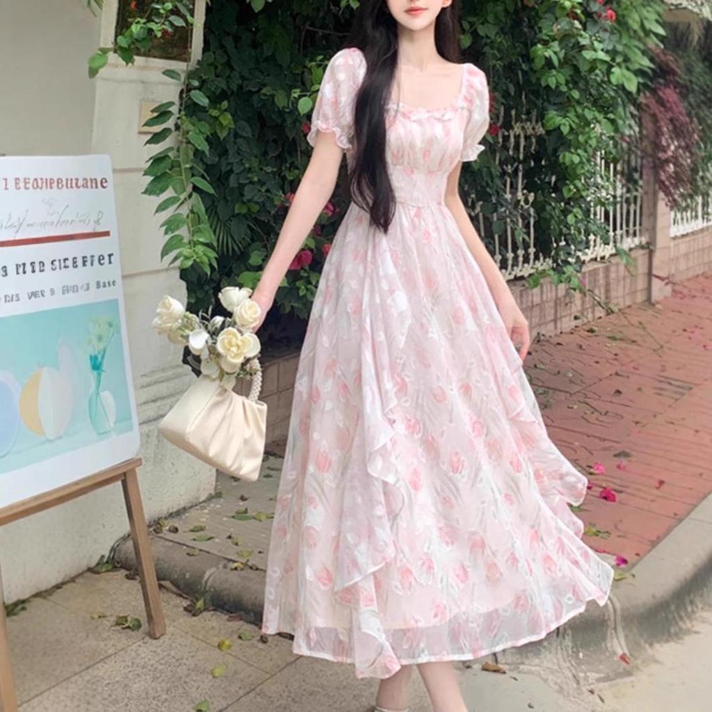 First Love Floral Chiffon Dress - Romantic Square Neck, Elegant Waist-Cinched, Slimming Design, Plus Size Fairy Summer Long Dress for Women
