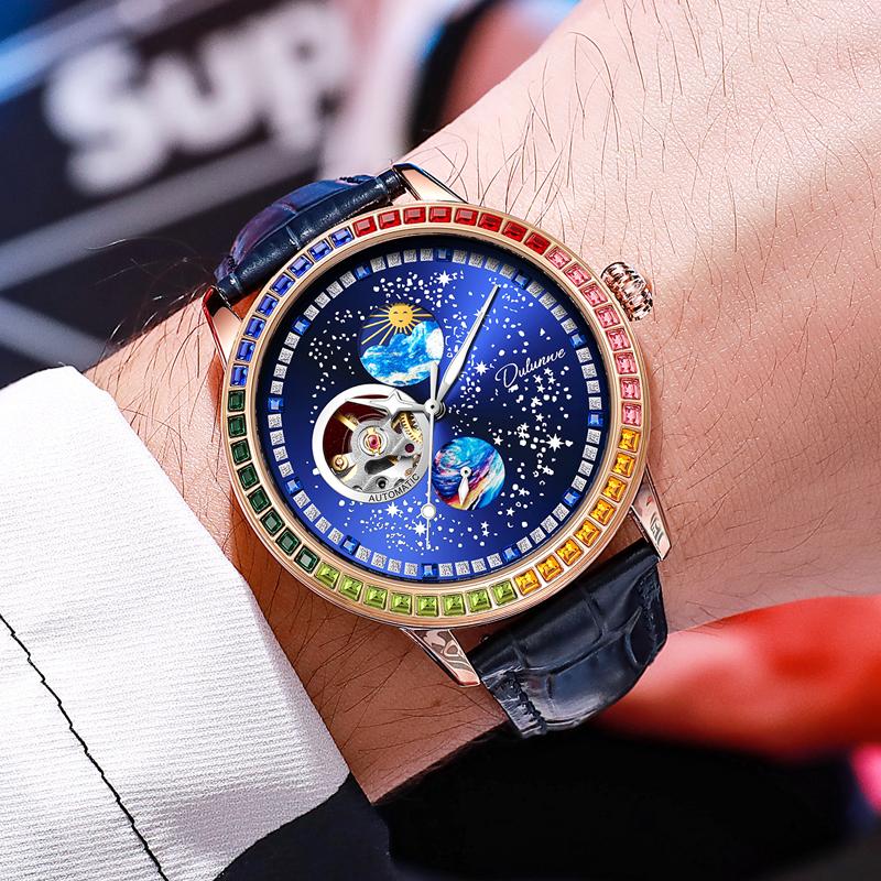 Mehrfarbige Edelsteine Klassisch Herren Mondphasen Uhr Mode Wasserdicht Leuchtend Automatisch Mechanisch Herrenuhren Top Marke Reloj