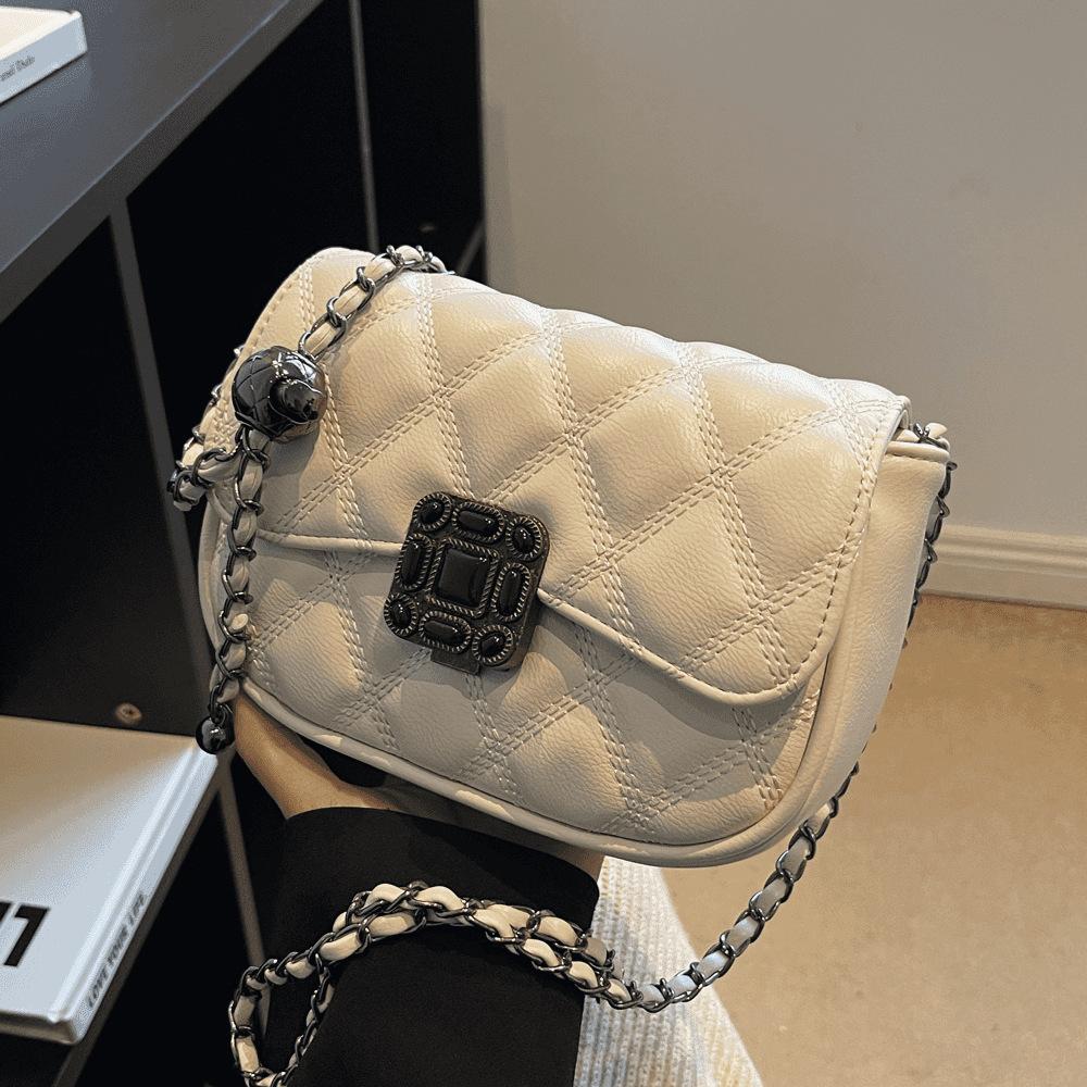 Rhombus Embroidery Thread Bag Niche Retro New Women's Bag Popular Chain Messenger Bag Foreign Style Small Square Bag Black