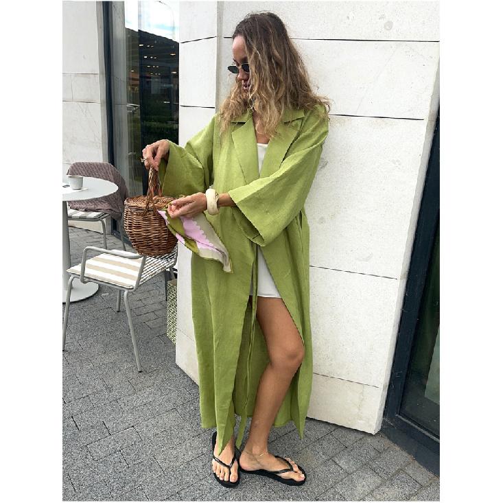 Sommer Neues Damen Stilvolles Rotes Leinen Wickel Maxi Kleid Revers Kimono Ärmel Gürtel Lange Robe Elegantes Schickes Kleid