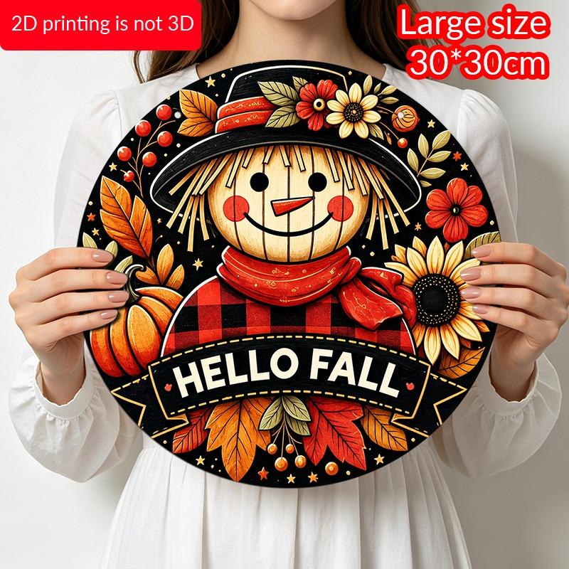 2D Flat Aluminum Decorative Plaques and Ornaments, Featuring Autumn-themed Plaid Scarecrow, Pumpkin, and Sunflower Floral Patterns for Wall