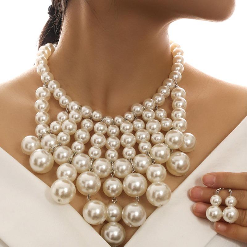 European and American Handmade Pearl Fringed Necklace Earrings Set Luxury Pearl Jewelry Set белый