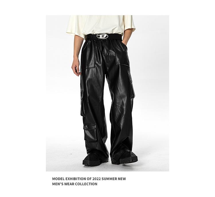Men's Autumn West Coast Hip-Hop Punk Multi-Pocket Leather Pants