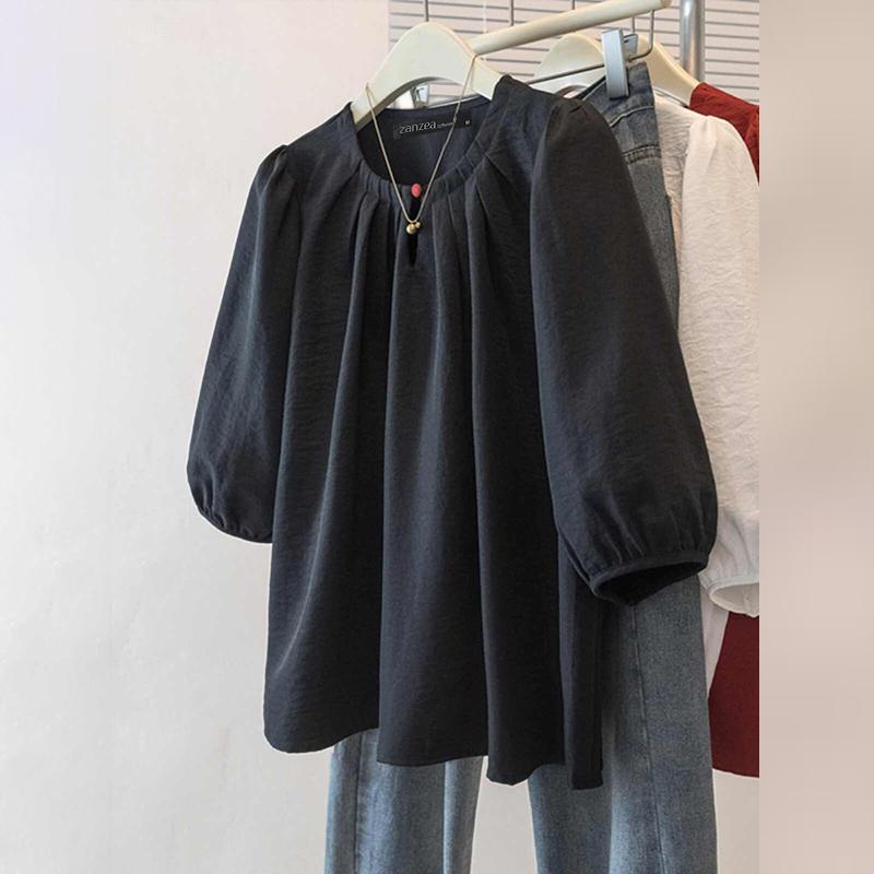 ZANZEA Dámská ležérní halenka s kulatým výstřihem, jednobarevná, s 3/4 rukávem, volného střihu