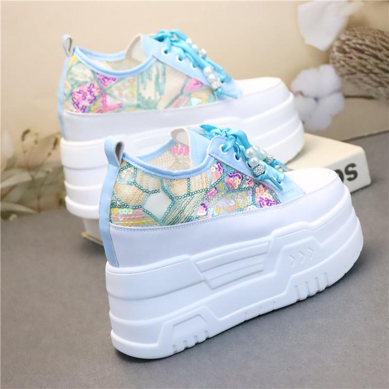 Fashion 12CM High Brand Sunthetic Summer Fashion Mesh Chunky Sneaker Hollow Casual Shoes Platform Wedge Flats Bling Leather Comfy