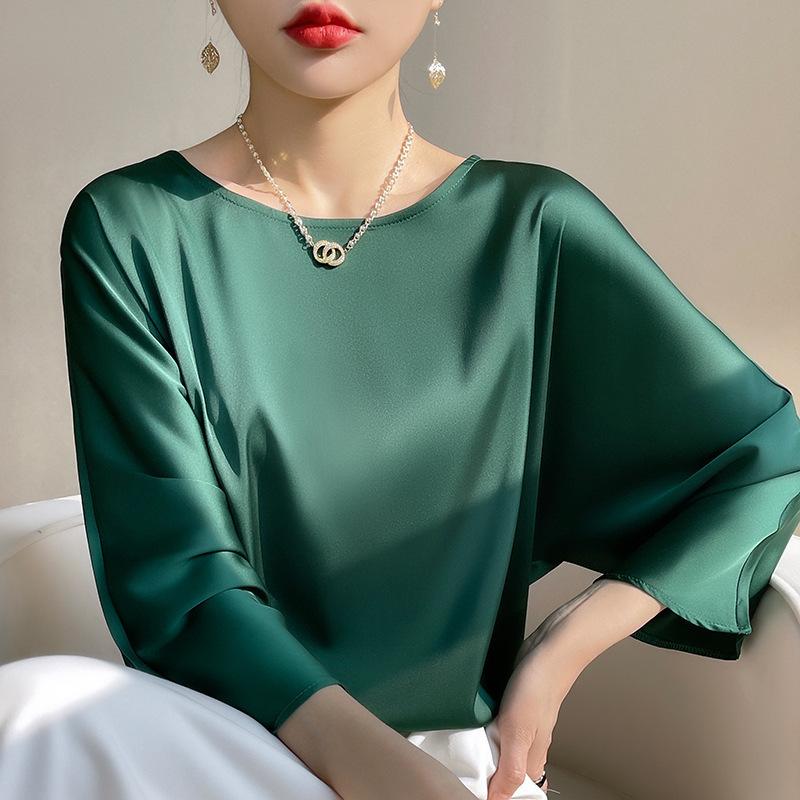 Nové letní volné a elegantní tričko s kulatým výstřihem pro dámské nošení, jednoduchý top s devítičtvrtečním rukávem z ledového hedvábí