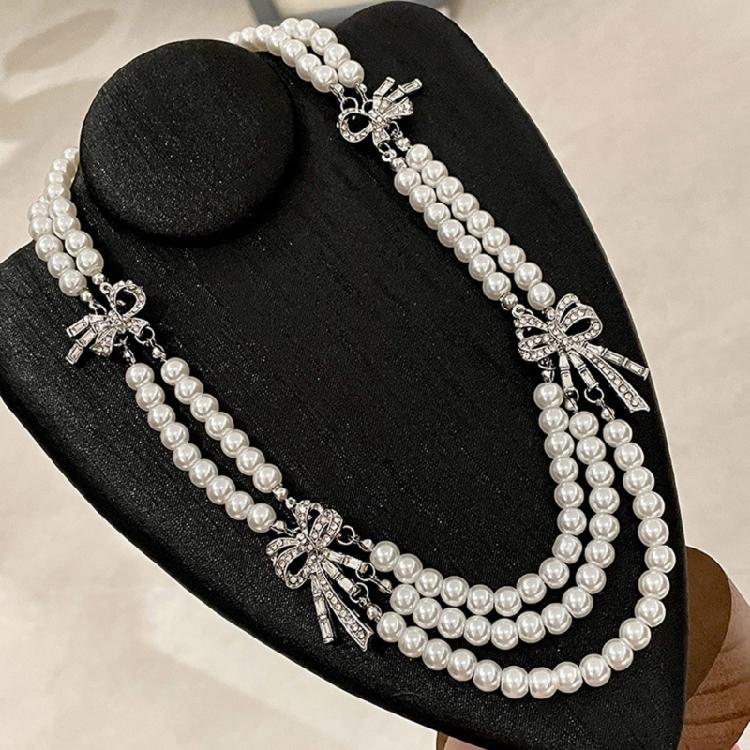 Imitation Pearls Necklace with Multiple Strands Rhinestones Bowknot Clavicle Chain Handmade Adjustable Length Neckchain