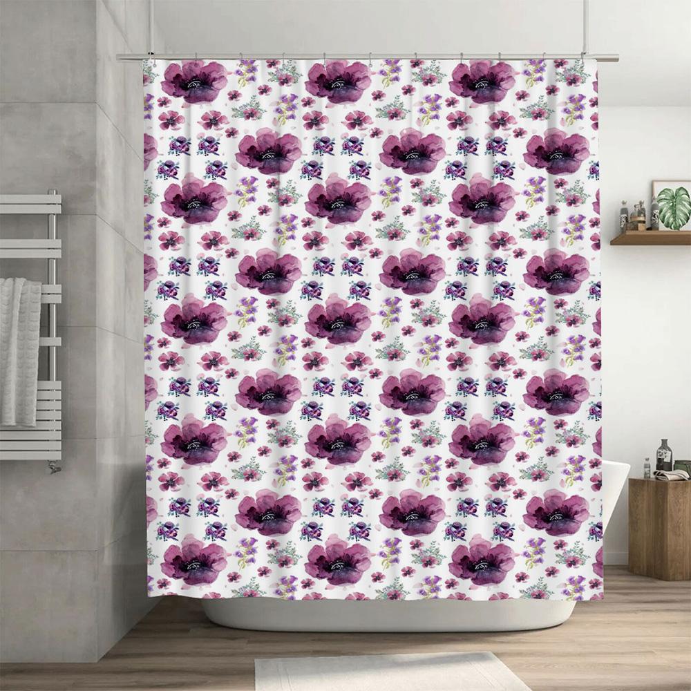 Purple Flower Waterproof Shower Curtain Watercolor Design Decorative Bath Mat For Home Bathroom Decoration (White) [240X180Cm]