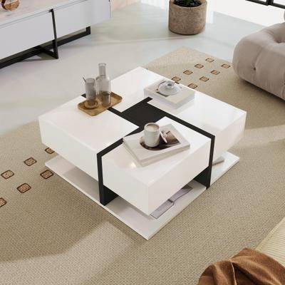 High Gloss Coffee Table, Table with 4 Drawers, Unique Color Coordination And Line Design, Storage Space Below