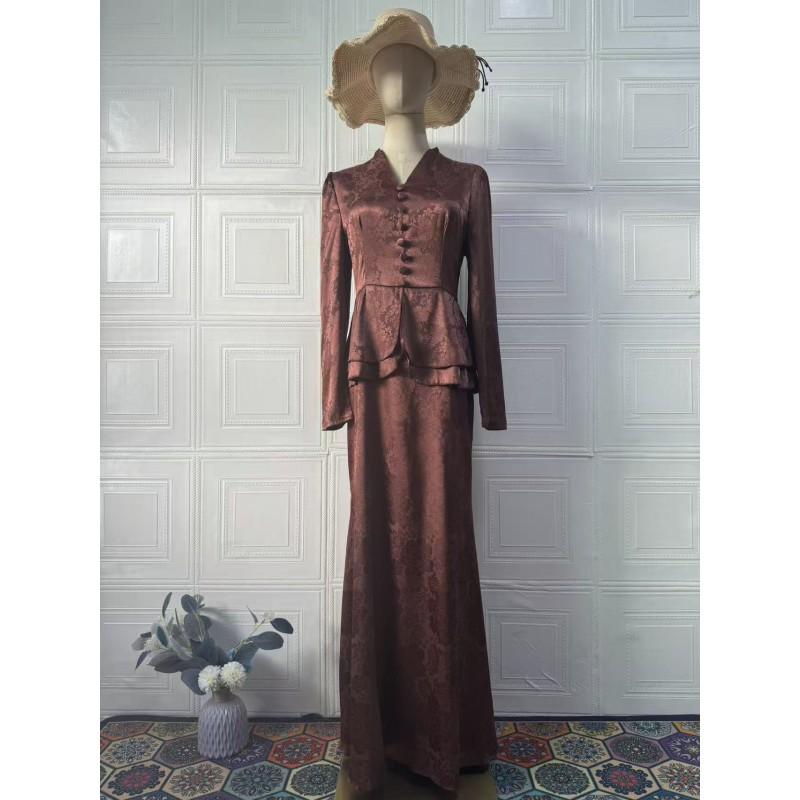 Womens Vintage Elegant Long Sleeve Wrap-Style Maxi Dress With Floral Print Cotton Blend V-Neck