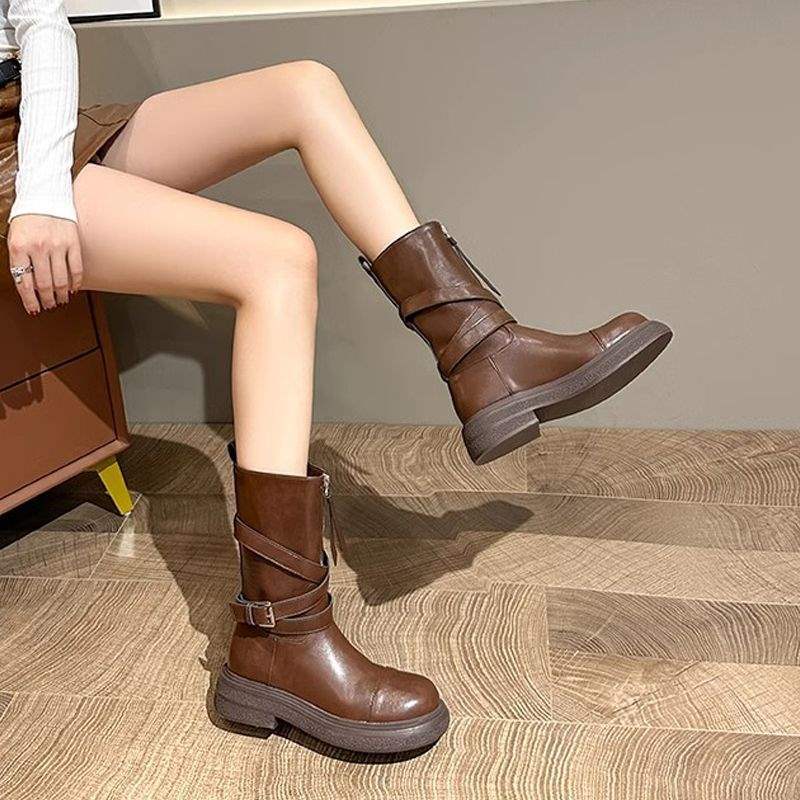Maillard style soft leather fashion boots women's autumn and winter 2025 new belt buckle boots platform knight boots high boots