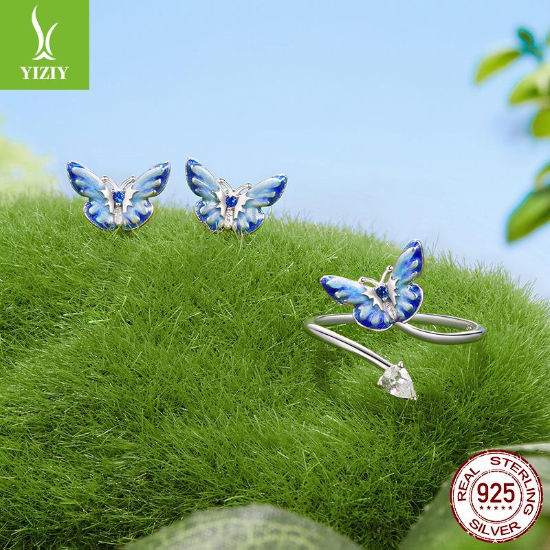 S925 Sterling Silver Spring Butterfly Open Ring Earrings Jewelry Set Women'S Niche Design Light Luxury