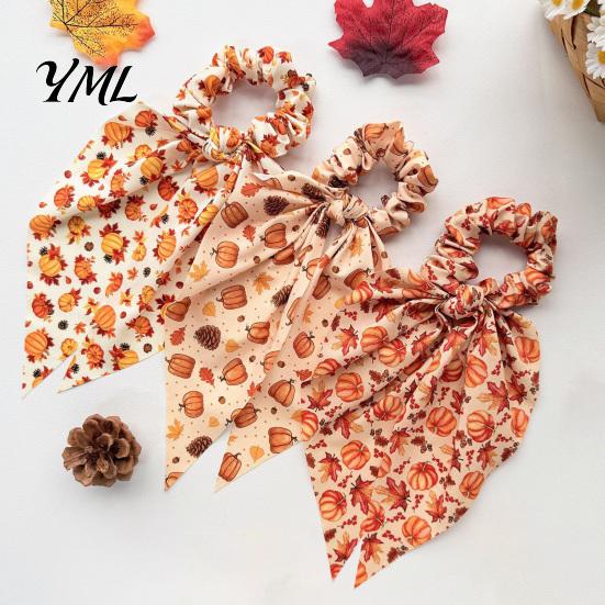 Autumn Theme Hair Ties for Gifts Fall Pumpkin Maple Leaf Tie Women, Bow Knot Ribbon Ponytail Cute Scrunchies Holiday Parties Holder, Soft Fabric