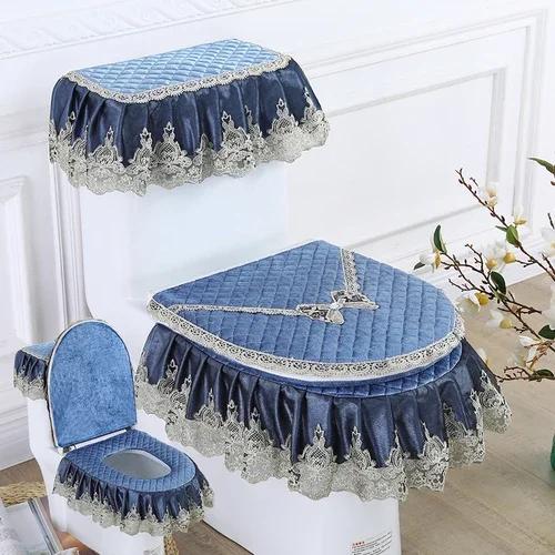 3PCS Velvet Skirt Style Toilet Mat Embroidered Lace Decorated Toilet Seat Mat Printed Dust Cover of Toilet Closestool