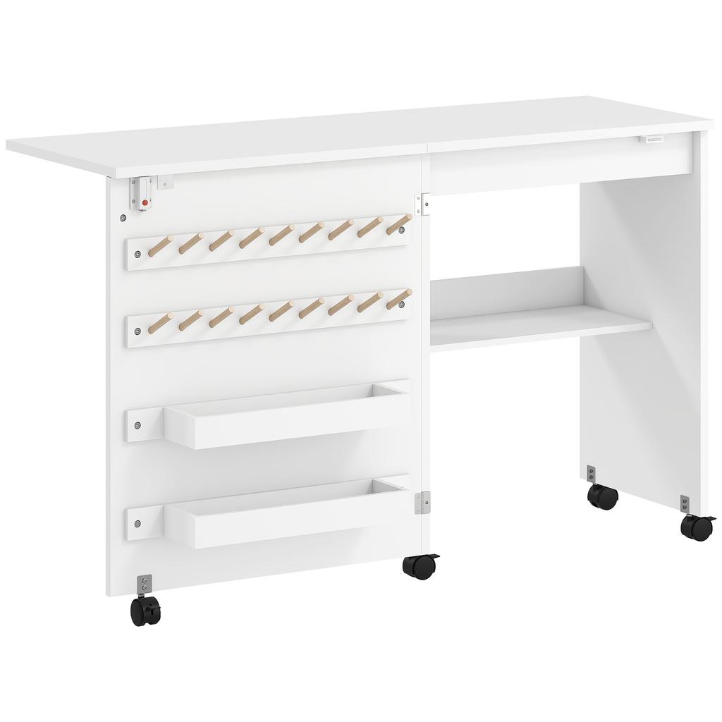 Folding Sewing Table, Rolling Cabinet, Magnetic Barn Door, 2 Bins, Shelf, 18 Pegs, White