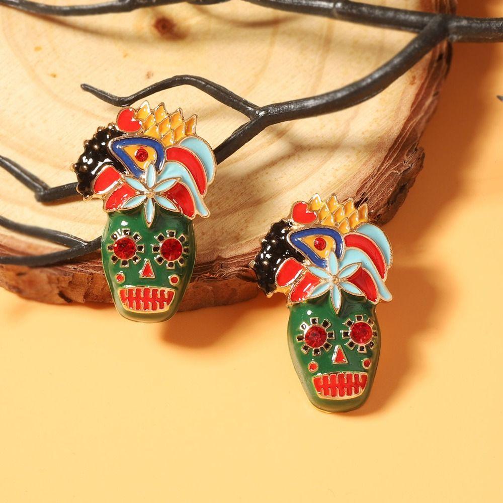 Personality Dripping Oil Skull Earrings Flower Enamel Skeleton Stud Earrings  Autumn