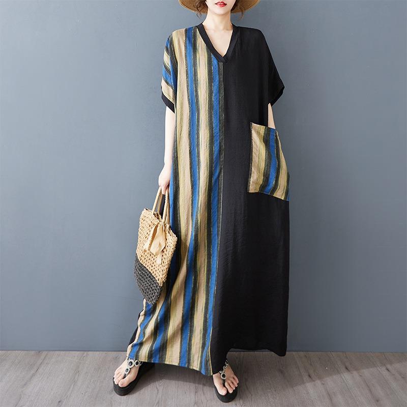 Real Shot Summer Thin Cotton and Linen Printing Thin V-neck Short Sleeve Contrasting Color Splicing Black Long Dress Length