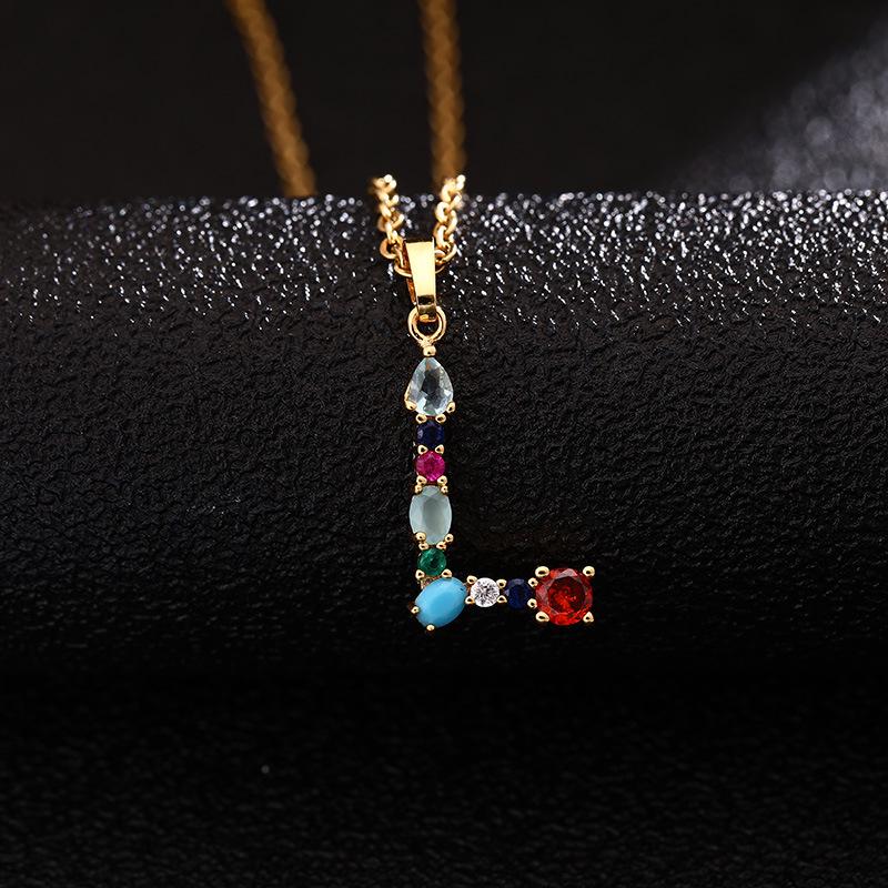 

Women s 26-Letter Copper Necklace with Colored Zircon, Agate, and Stainless Steel Chain