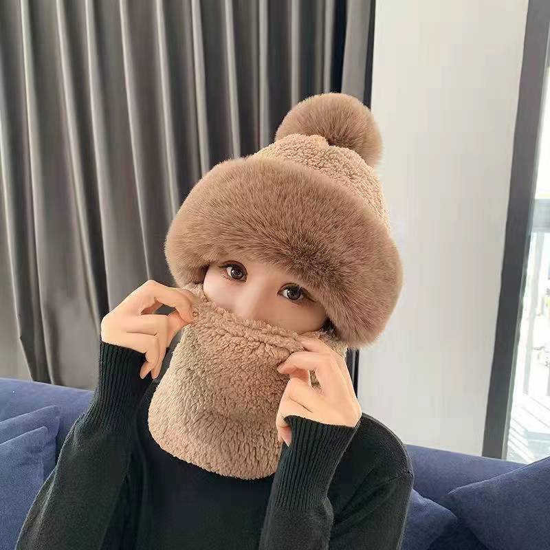 Winter Women's Warm Ear Protection Plush Hat New Plush Thickened Neck Protection Cute Knitted Wool Hat Scarf Integrated
