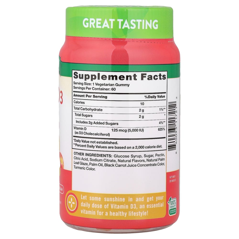 Natures Truth Vitamin D3 High Potency 5000IU Peach Flavor Vegan Gummies, 60 Counts
