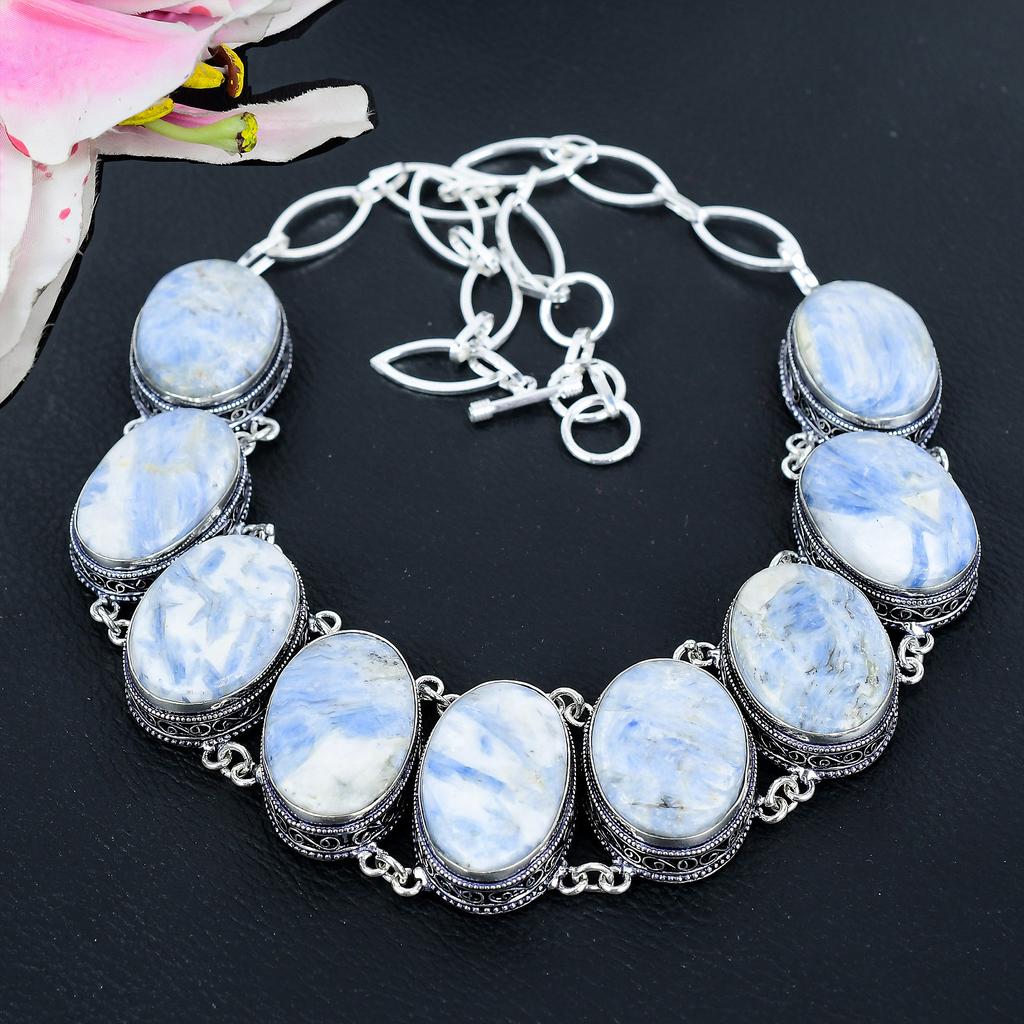Blue Kyanite Gemstone Handmade 925 Sterling Silver Jewelry Necklace 18" KG-1638