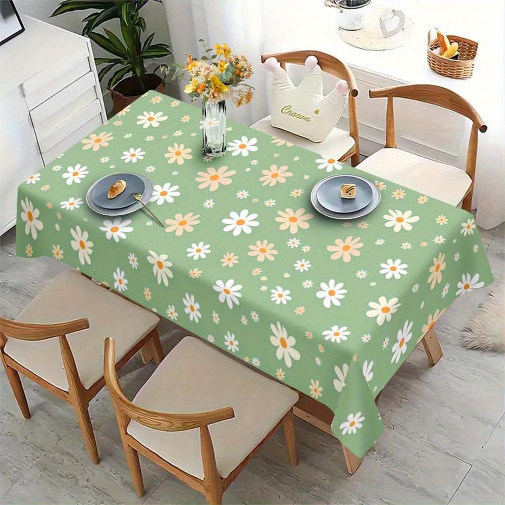 Charming Daisy Pattern Tablecloth - Green with White Daisies, Polyester, Machine-Made, Perfect for Picnics, Camping, Weddings, Parties, and Vintage Ho