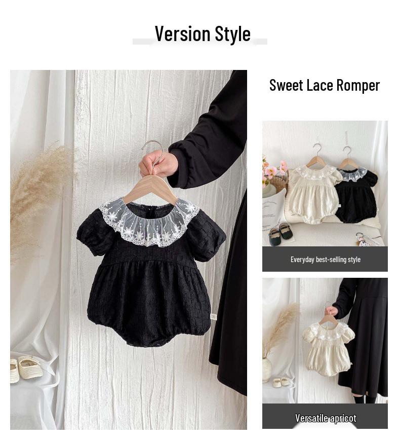 Korean Style Baby Girl Summer Romper with Lace Ruffle & Peter Pan Collar
