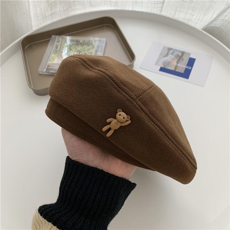 Wool Cozy Brown Beret Artist Hat For Winter Women Men With Cute Bear Design