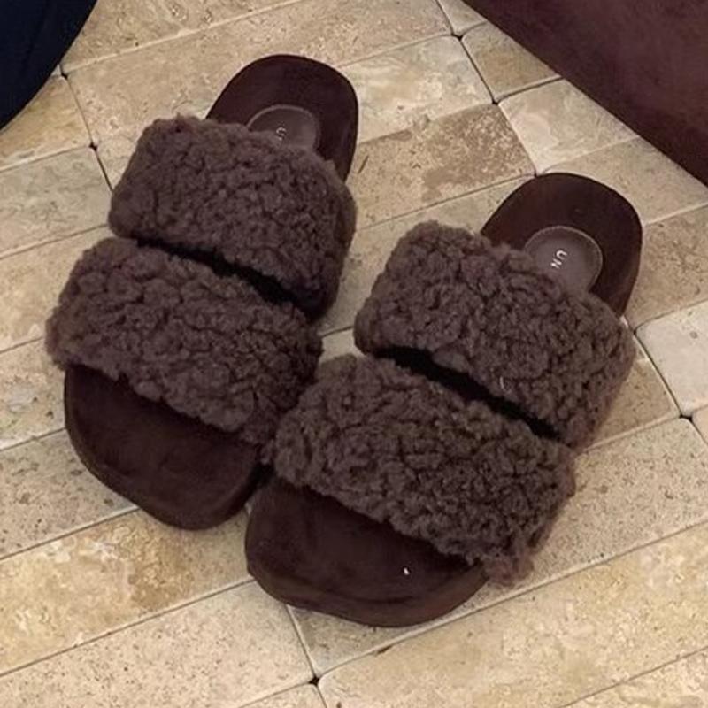 Fur Flats Women Slippers Designer Square Toe Short Plush Casual Shoes 2025 Trend Walking Cozy Home Winter New Mujer Zapatillas