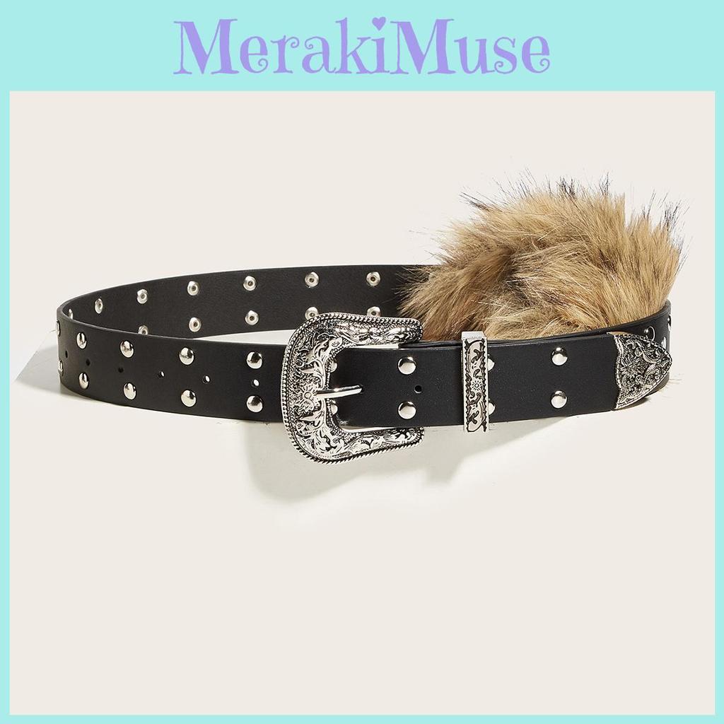 Rivet Leather Wide Waist Belt Artificial Fur Design And Carved Needle Buckle For Everyday Wear