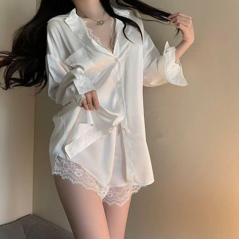 

Boyfriend wind shirt lace satin pure desire wind white shirt pajamas summer sexy loungewear suit ice silk pajamas women Small size 42.5-52.5kg