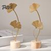 Talos Metal Leaf Ornaments, Gold Palm Leaf, Ginkgo Feather Statue with Wood Base, Modern Desktop Sculpture for Living Room, Bookshelf, Office