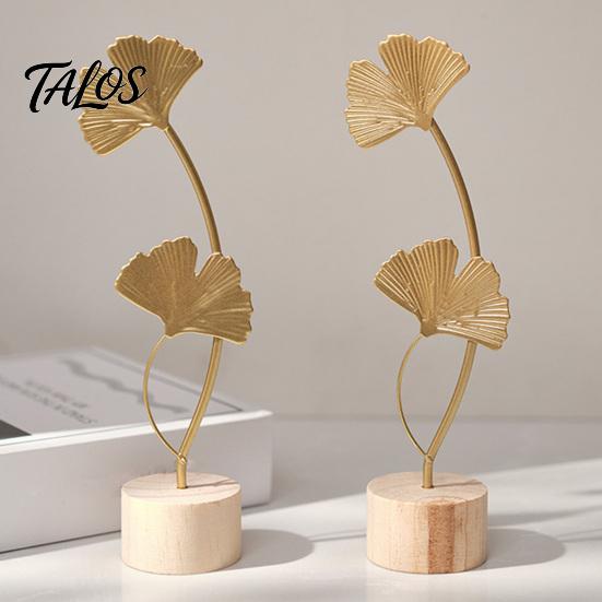 Talos Metal Leaf Ornaments, Gold Palm Leaf, Ginkgo Feather Statue with Wood Base, Modern Desktop Sculpture for Living Room, Bookshelf, Office