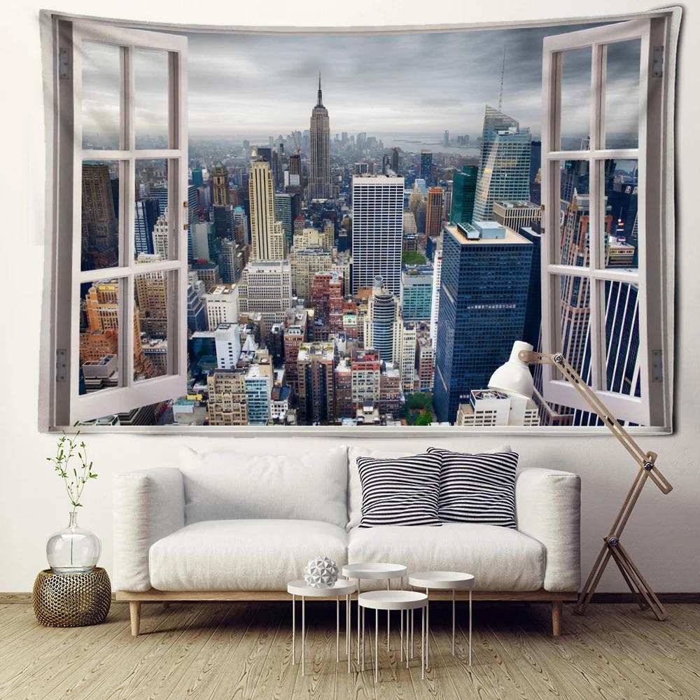 Urban Imitation Window Scenery Tapestry Wall Hanging Art Architecture Minimalist Hippie Tapiz Minimalist Living Room Home Decor