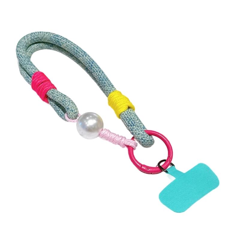 

Colorful Braided Cell Phone Strap Featuring Pearls Charm And Adjustable Design Metal Detailing Multiple Use Attachment