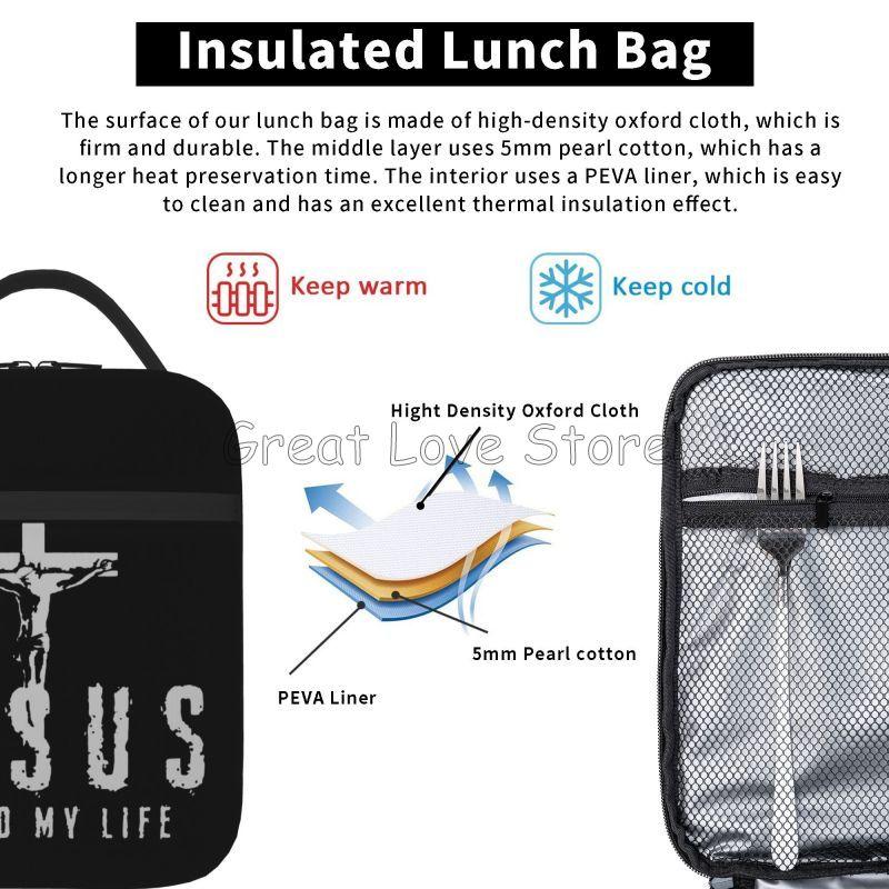 Christus Jesus hat mein Leben gerettet Kreuzdruck Isolierte Lunchtasche Wiederverwendbar Tragbar Wasserdicht Kühlertasche Thermische Bento-Tasche für Damen