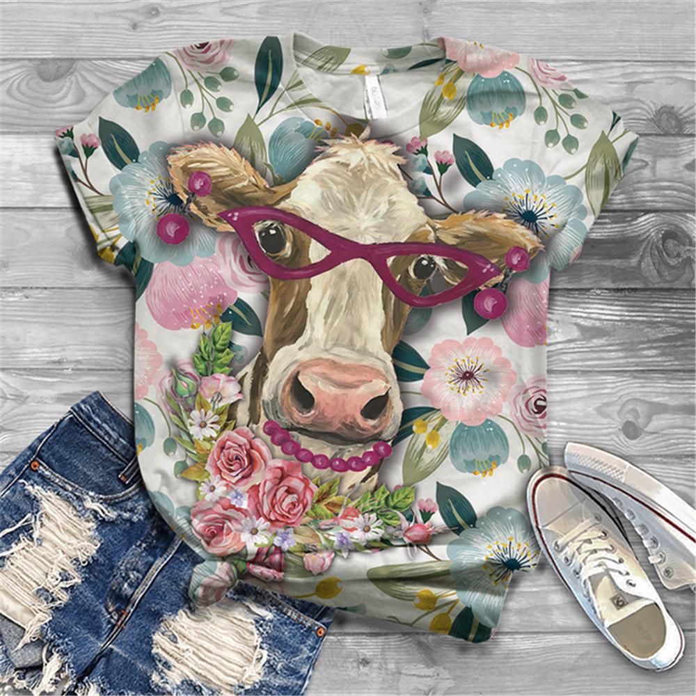 Women's T-shirt Short Sleeve Summer Everyday Animation Horse Digital 3D Print Sexy Diagonal Collar Top Loose Female Pullover