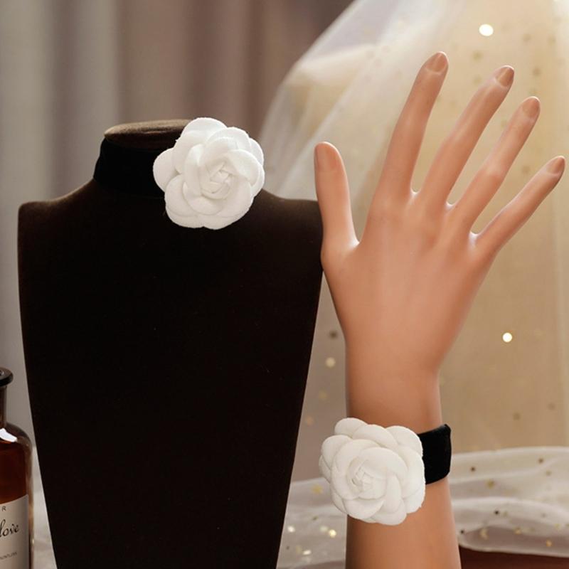Elegant Camellia Choker Necklace Bracelet White Flower Collar Necklace Vintage Velvet Choker Bracelet Fashion Jewelry