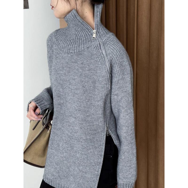 DIMANAF 2025 Autumn Women Zipper Sweaters Lady Pullover Tops Female Turtleneck Knitted Basic Solid Tees Red Sweaters