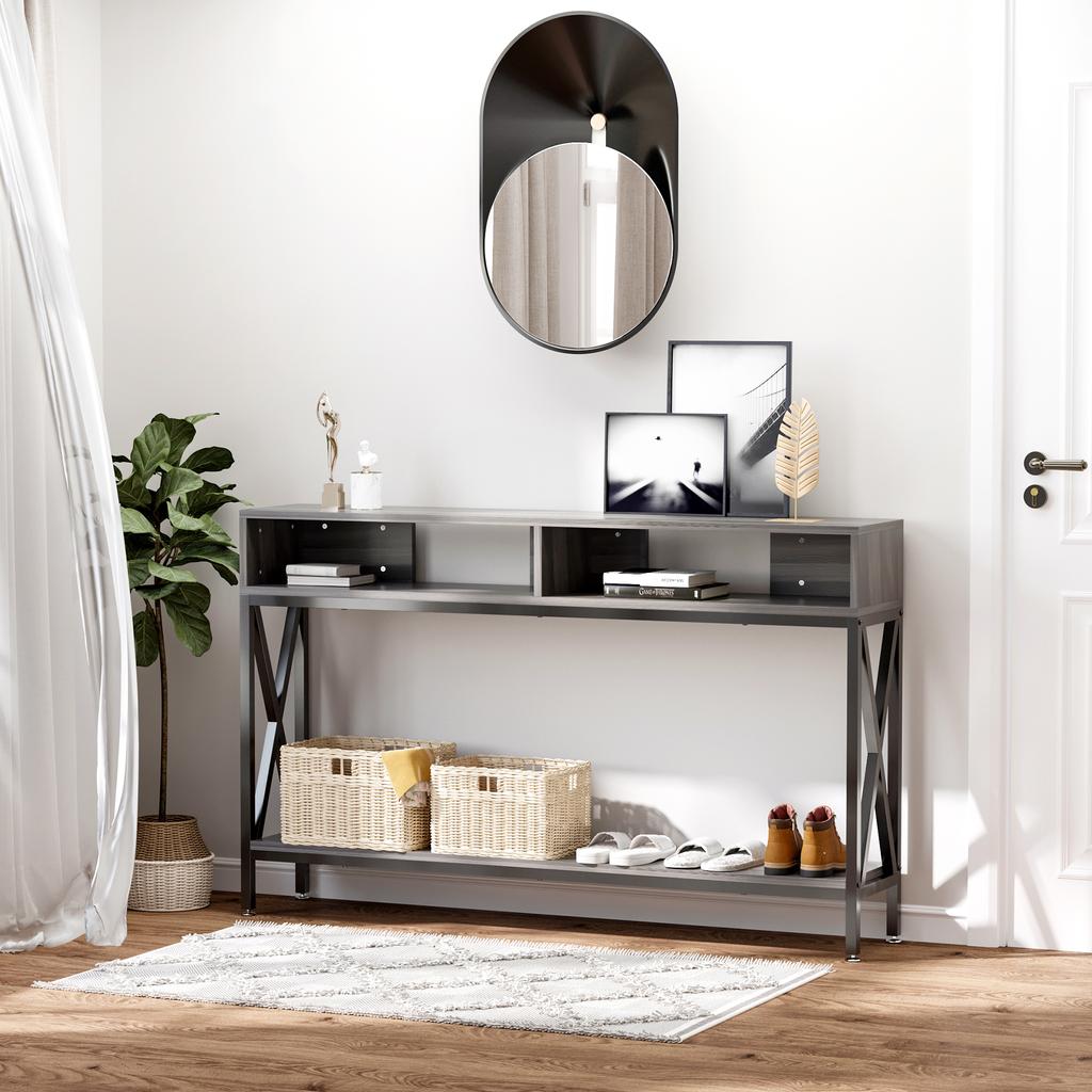 Console Table, Entryway Table with 3 Compartments, Metal Frame, Adjustable Feet for Living Room, Hallway, Grey