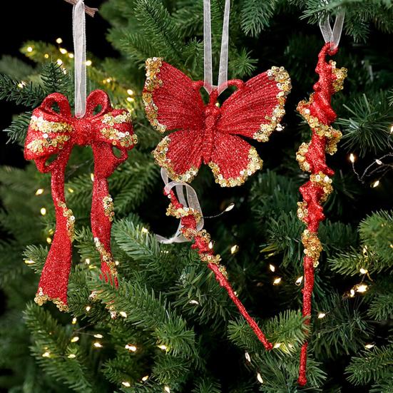 Glitter Sequined Christmas Ornament Red Snowflake/Butterfly/Star/Reindeer/Ballerina Hanging Decoration for Xmas Tree Doors Walls Holiday Home Decor