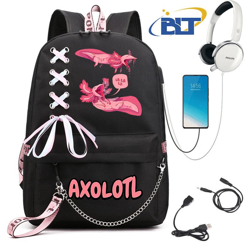 Cute Axolotl Printed Student Schoolbag for Girls Black Backpack Usb Kids Casual Bag Back To School Gift