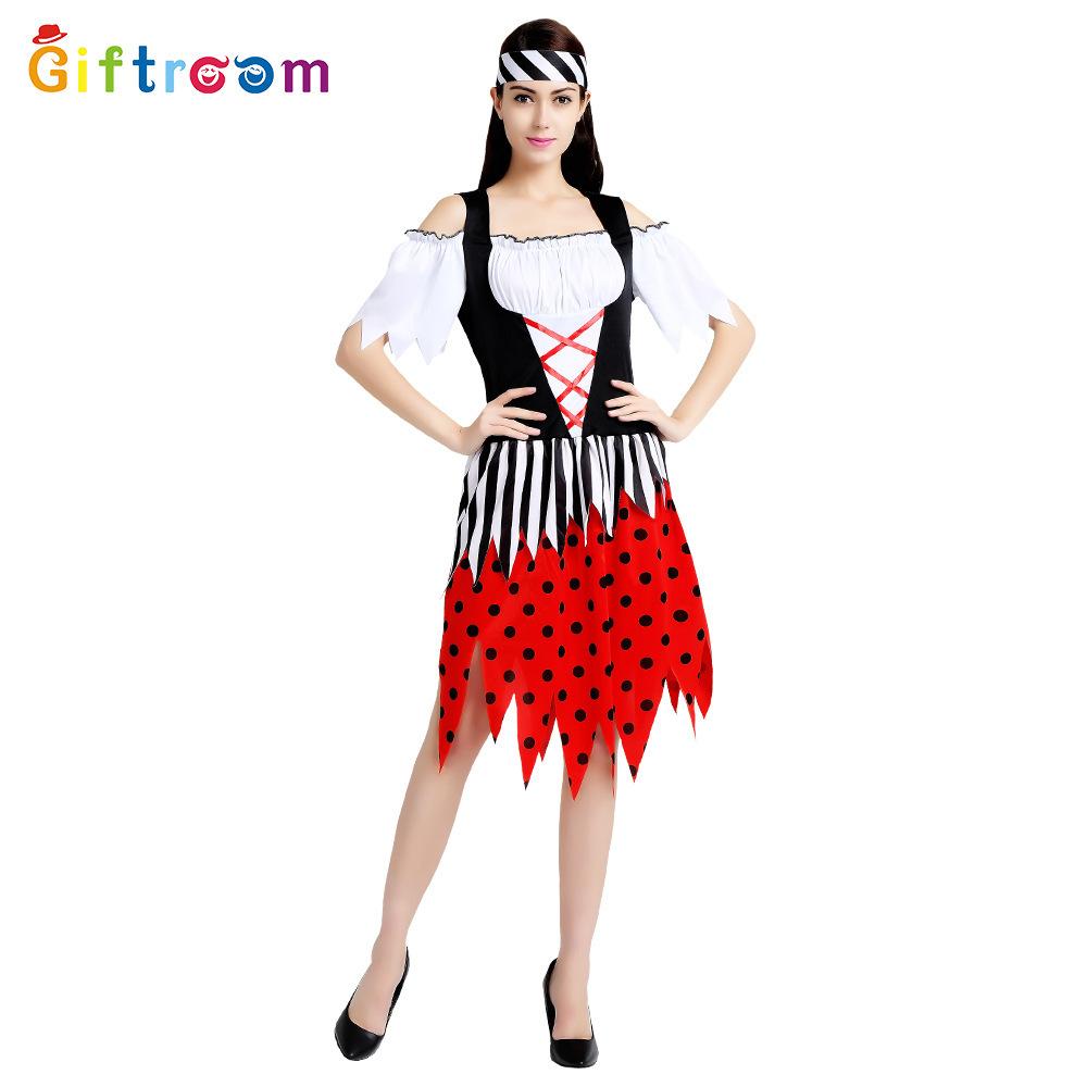 

Красное женское модное пиратское платье с черными точками для празднования Хэллоуина и веселья