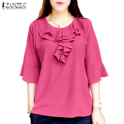 Women Casual Ruffle Collar Loose 3/4 Sleeve Blouse