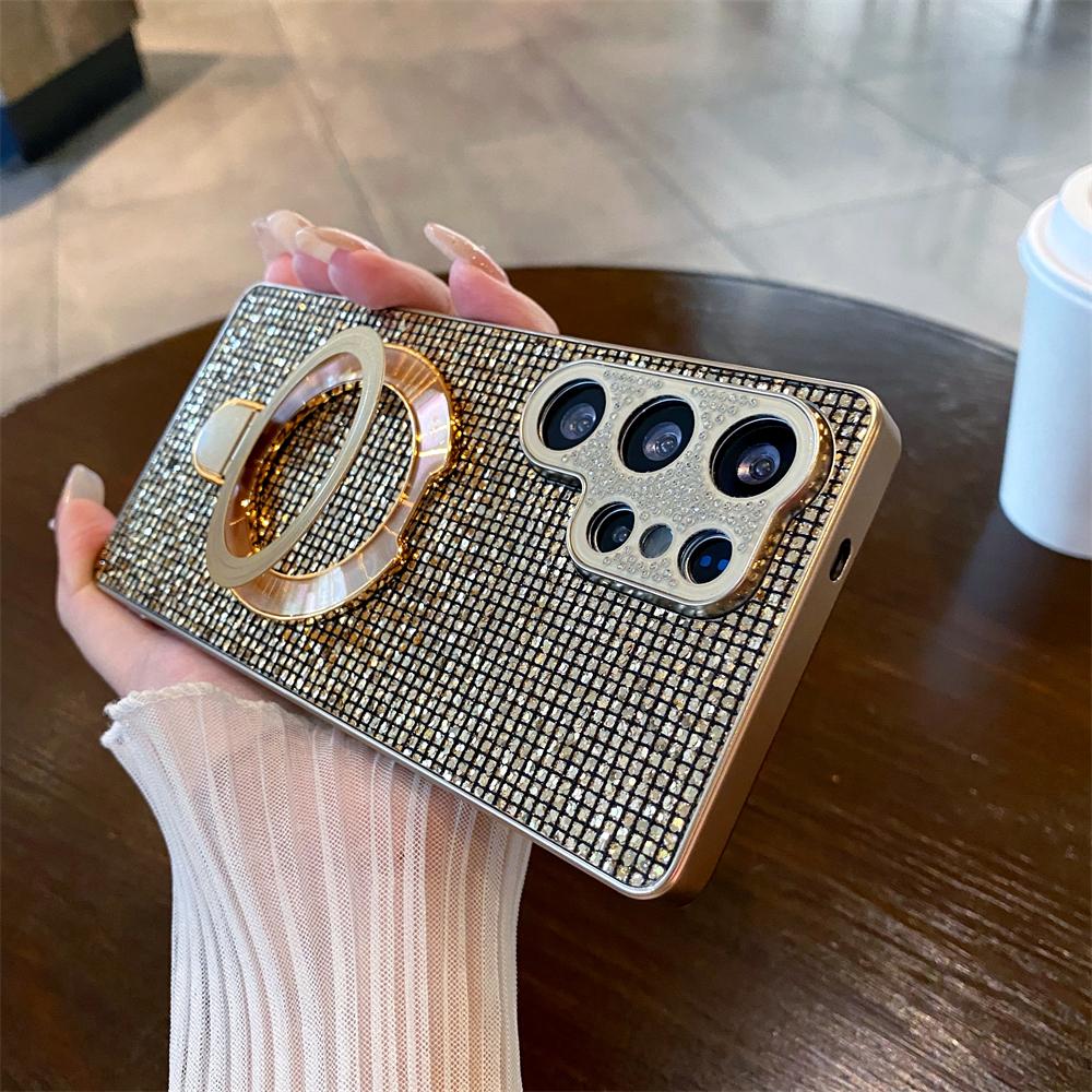 Bling Full Shinny Diamond Bracket Case For Samsung Galaxy S25 S24 S23 Ultra Plus Edge A07 A17 A14 A15 A24 Glitter Cover