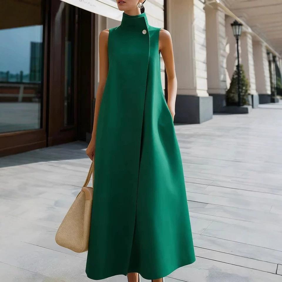 Women Elegant Sleeveless Midi Dress High Mock Neck Button Decor A Line Long Dress Loose Solid Color Vest with Pocket Office Business Formal Daily Wear