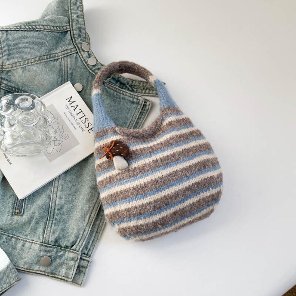 Color-Block Knitted Wrist Bag Striped Wool Bucket Bag Casual Little Mushroom Handbag Girls синий